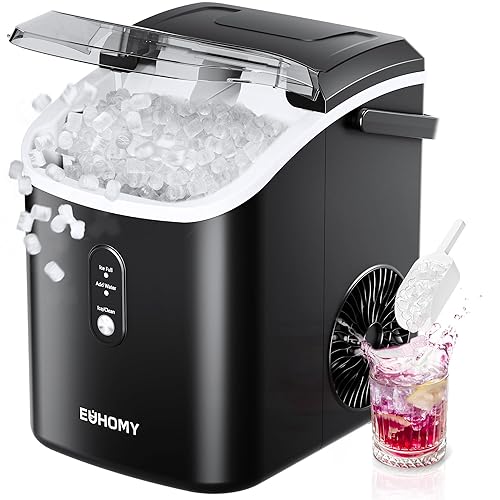 EUHOMY Nugget Ice Maker Countertop with Handle, Ready in 6 Mins, 34lbs Per Day, Removable Top Cover, Auto-Cleaning, Portable Sonic Ice Maker with Basket and Scoop, for Home/Party/RV/Camping (Black) - Black