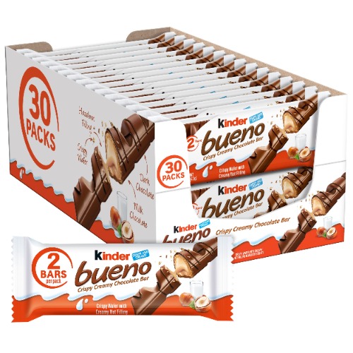 Kinder Bueno Milk Chocolate and Hazelnut Cream Candy Bar, 30 Packs, 2 Individually Wrapped 1.5 oz Per Pack - 1.5 Ounce (Pack of 30)