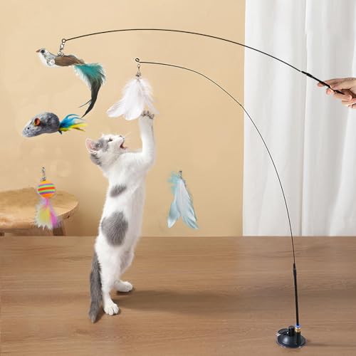 Cat Feather Toys Automatic Interactive Cat Toys Natural Bird Feather Ball Toys Suction Cup Pet Chase Movement Playing Toy Exercise cat Toys 7 Pcs Cat Toy Set for Indoor Bored Cats Gifts - grey