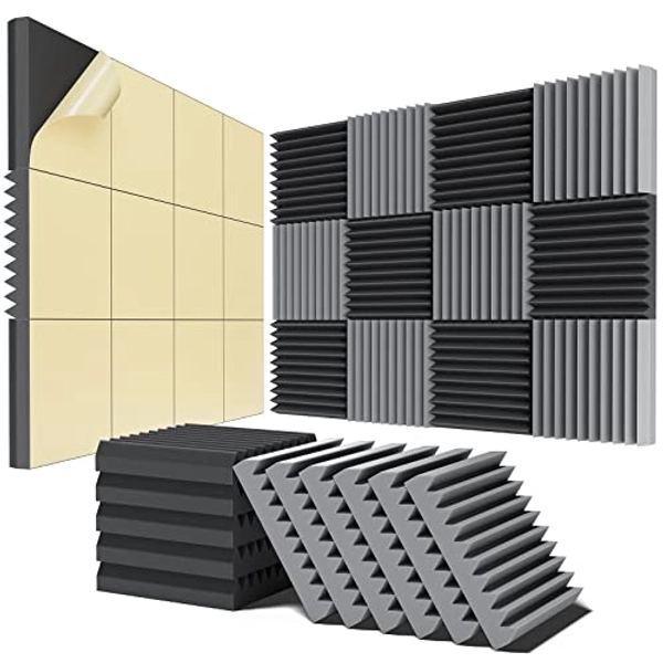 12 pack Acoustic Panels Self-Adhesive, 2" X 12" X 12" Quick-Recovery Sound Proof Foam Panels, Acoustic Foam Wedges High Density, Soundproof Wall Panels for Home Studio,Black-Gray 01