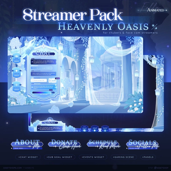 Heavenly Oasis Stream Pack - Animated Celestial Twitch Overlay | Day Night | Lanterns | Blue | Vtuber | Chat & Goal Widget | Floral Pillars