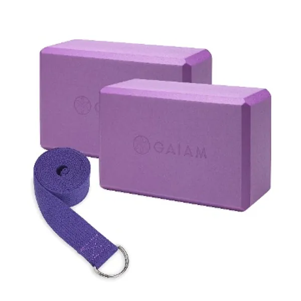 Gaiam Essentials Yoga Block 2 Pack  Yoga Strap Set, Deep Purple, 9"W x 6"H x 4"D