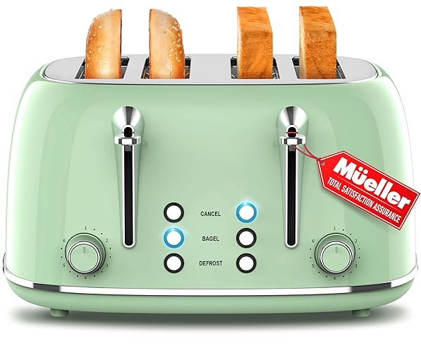 Mueller Retro Toaster 4 Slice with Extra Wide Slots Bagel, Defrost, and Cancel Function, 6 Browning Levels, Dual Independent Controls, Removable Crumb Tray and High Lift Levers, Sage Green - 4 slice - Sage Green