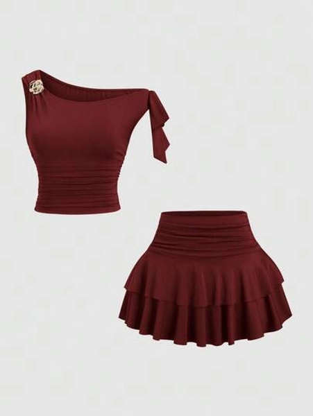 Sweetra Women's Summer Bronze Metallic Floral Camisole & Pleated Layered Mini Skirt Set