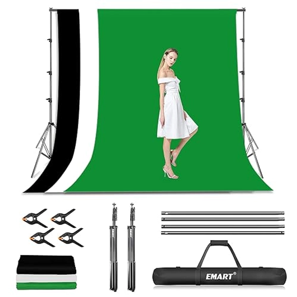 EMART Photo Video Studio Backdrop Stand Kit, 8.5x10ft Adjustable Photography Green Screen Support System with 3 Polyester Backgrounds for Photoshoot (Black White Green)