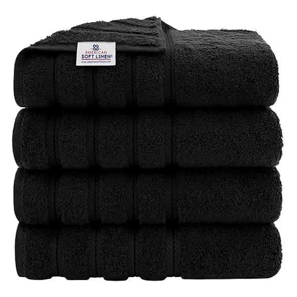American Soft Linen Luxury 4 Piece Bath Towel Set, 100% Cotton Turkish Bath Towels for Bathroom, 27x54 in Extra Large Bathroom Shower Towels, Black Bath Towels
