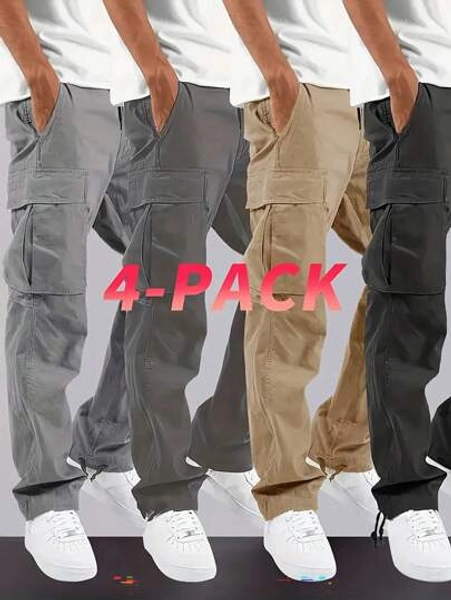 4-Piece Men's Loose-Fit Elastic Drawstring Waist Multi-Pocket Work Pants - Solid Color Spring/Autumn Outdoor Activity Long Pants, Machine Washable (For Teens And Adults)