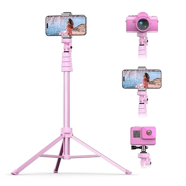 UBeesize 72" Phone Tripod & Selfie Stick, Camera Tripod Stand with Wireless Remote and Phone Holder,Compatible with iPhone Android Phone, Perfect for Selfies/Video Recording/Live Streaming Pink - Pink - 72in