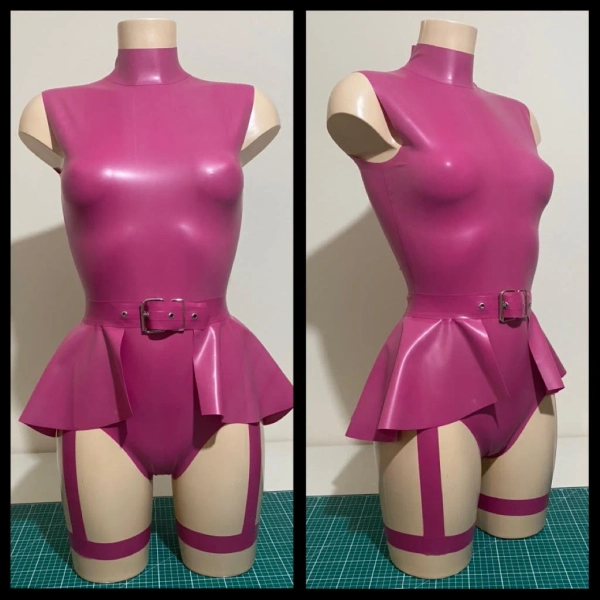 High Neck Bodysuit with Leg Garters and Peplum Belt Bundle