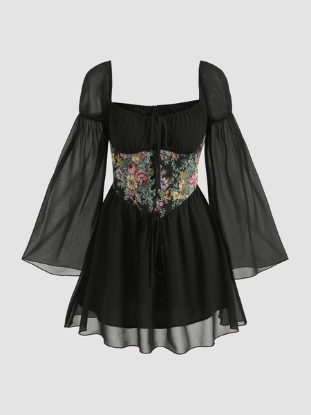 Floral Lace Up Corset Mini Dress