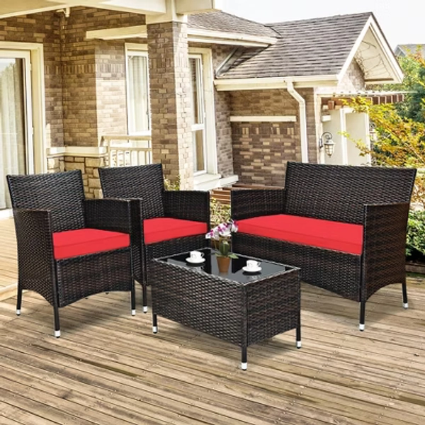 Costway 4PCS Outdoor Patio Rattan Furniture Set Table Shelf Sofa W/ Red Cushions