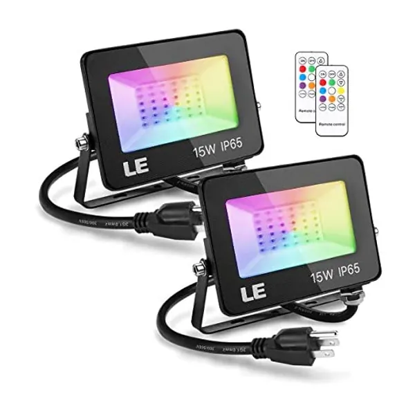 
                            LE RGB LED Flood Light, 15W Outdoor Color Changing Floodlight with Remote Control, Waterproof and Dimmable LED Security Light for Backyard, Garden, and Christmas Decorations, 2 Packs
                        