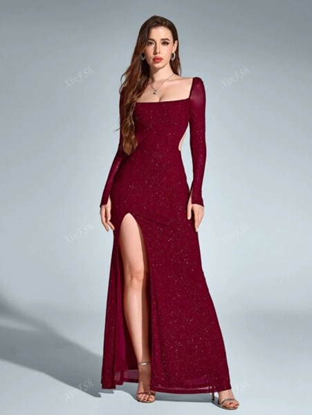 Backless Cut Out Side Split Mermaid Hem Bodycon Mesh Sequin Elegant Formal Evening Gowns