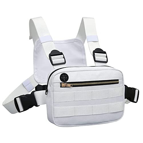 Outdoor Water Resistant Chest Bag For Men, Tactical EDC Chest Pack With Built-In Phone Holder, Lightweight Utility Chest Rig Pouch For Workouts, Running, Cycling, Hiking - White