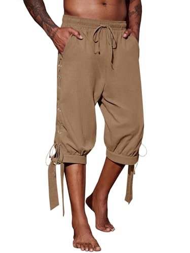 Runcati Mens Pirate Shorts Renaissance Medieval Retro Banded Viking Navigator Halloween Costume Pants - Brown - Medium
