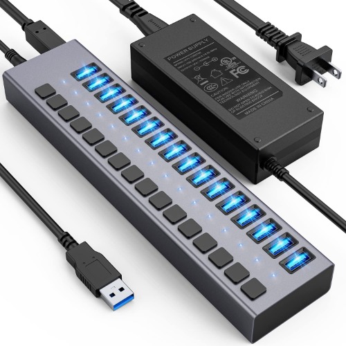Powered USB Hub - ACASIS 16 Ports 90W USB 3.0 Data Hub, Individual On/Off Switches, 12V/7.5A Power Adapter, 5Gbps High Speed, USB 3.0 Splitter for Laptop, PC, Computer, Mobile HDD, Flash Drive - 16 ports