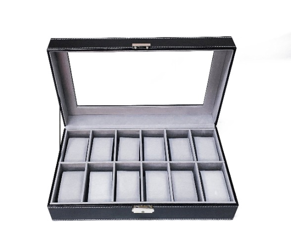 Sodynee WBPU12-03 Watch Dislpay Box Organizer, Pu Leather with Glass Top, Large, Black - 12"(D) x 7.5"(W) x 3.2"(H) Black