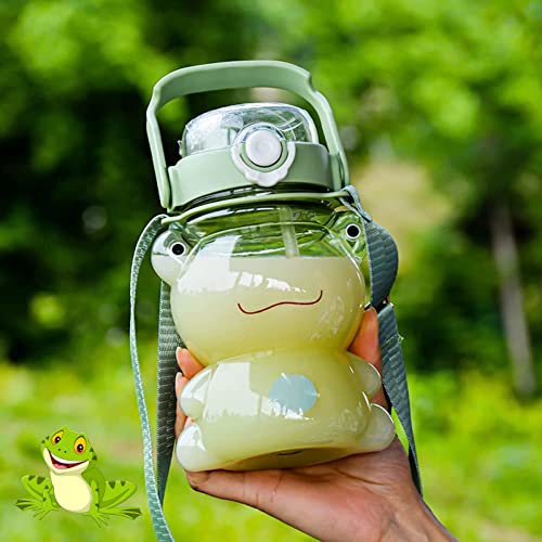 ROUDW Frog Water Bottle, Cute Green Frog Water Bottle, Portable Clear Leakproof Plastic Sports Water Bottles with Straw and Strap(Green) - Green