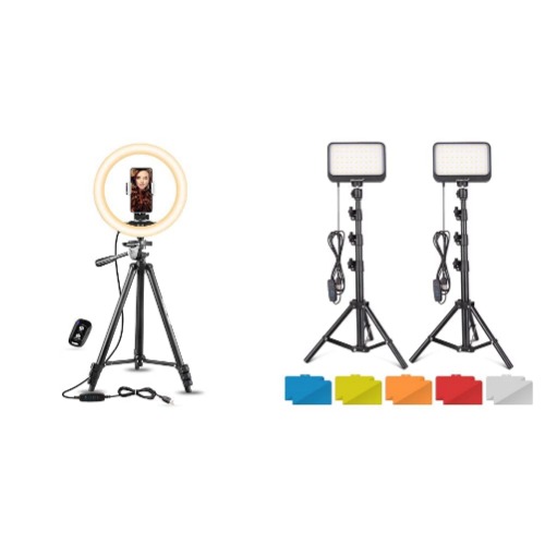 UBeesize 10" Selfie Ring Light with 50" Extendable Tripod Stand & LED Video Light Kit,2Pcs Dimmable Continuous Portable Photography Lighting,Black - Tripod Stand + Light Kit