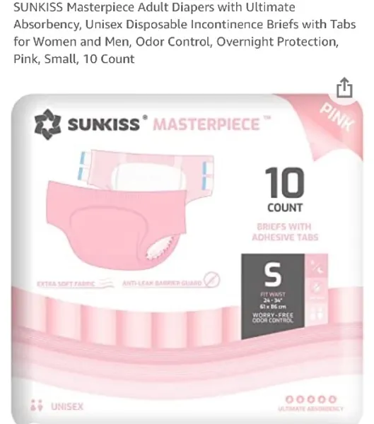 Amazon.com: SUNKISS Masterpiece Adult Diapers with Ultimate Absorbency, Unisex Disposable Incontinence Briefs with Tabs for Women and Men, Odor Control, Overnight Protection, Pink, Small, 10 Count : Health & Household