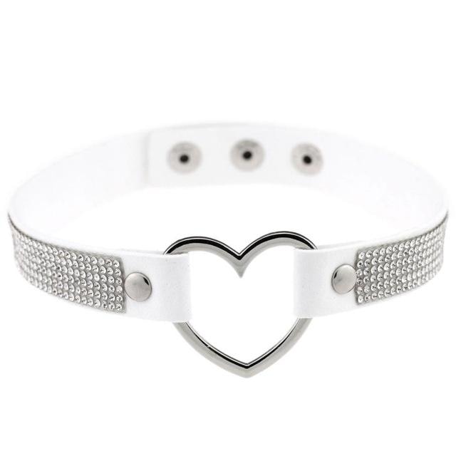 Rhinestone Heart Choker - White