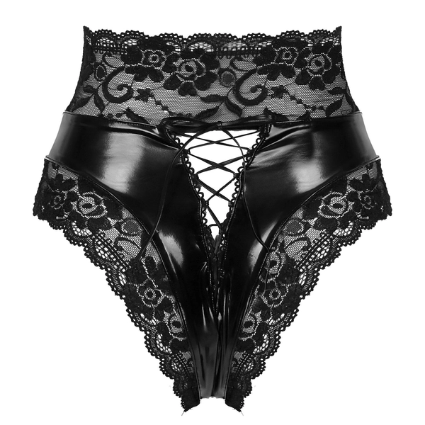 Black Lace PU Leather Panties'