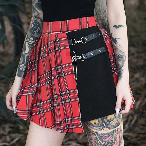 Red & Black Plaid Cut Out Safety Pin Punk Skirt - Fire Within'