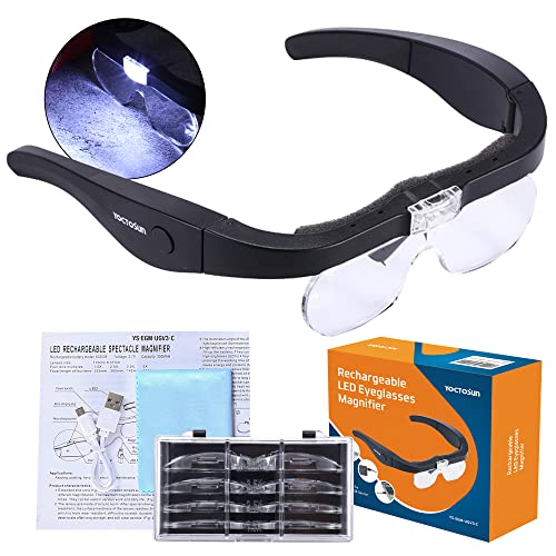 YOCTOSUN Rechargeable Headband Magnifier with 2 LED Lights and 5 Detachable Lenses 1X,1.5X,2X,2.5X,3.5X, Hands-Free Head Magnifying Glasses for Close Work, Jewelry Work, Watch Repair, Arts & Crafts / Headset Magnifier $21.99