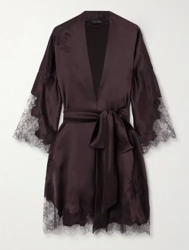 CARINE GILSON Belted | lace-trimmed silk-satin kimono