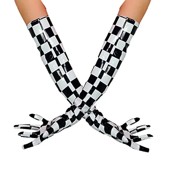 DooWay Women Opera Leather Gloves Shine Wet Look 24 inches Faux Patent Leather PU for Evening Costume Dance Pageant - Black White Check