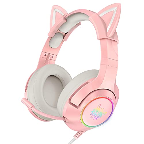 AJIJAR Pink Gaming Headset with Removable Cat Ears, Compatible with PC PS4 PS5 Xbox One(Adapter Not Included) Mobile Phones, with Surround Sound, RGB Backlight & Noise Canceling Retractable Microphone
