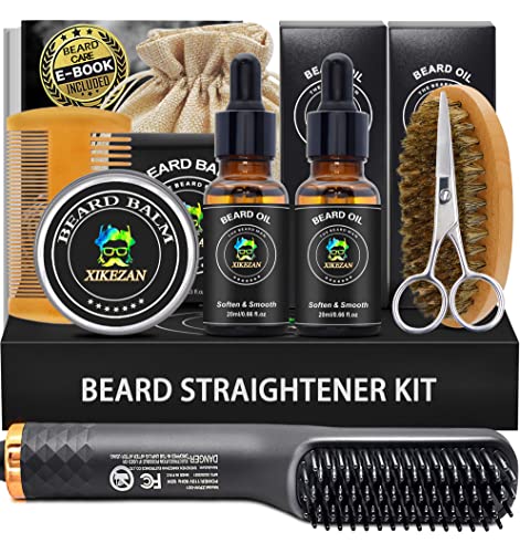 Beard Kit,Beard Grooming Kit,w/Beard Straightener,Beard Oil,Beard Balm,Beard Comb,Beard Scissor,Razor & Brush Stands,Bag,E-Book,Beard Care Growth Christmas Dad Gifts for Men Him Father - Orange