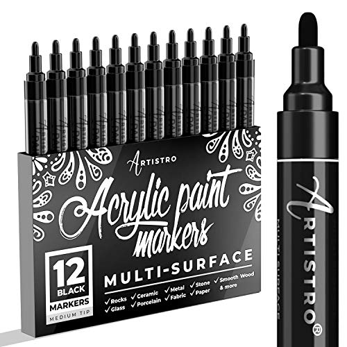 Paint Pens for Rock Painting, Stone, Ceramic, Glass, Wood, Tire, Fabric, Metal, Canvas. Set of 12 Markers for Acrylic Painting, Water-based, Medium Tip (Black) - Black