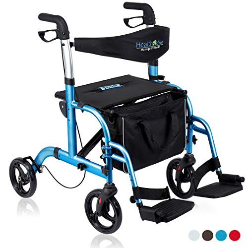 Health Line Massage Products 2 in 1 Rollator-Transport Chair w/Paded Seatrest, Reversible Backrest and Detachable Footrests, Sky Blue - Sky Blue