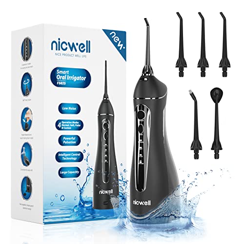 Water Dental Flosser Cordless for Teeth - Nicwell 4 Modes Dental Oral Irrigator, Portable and Rechargeable IPX7 Waterproof Powerful Battery Life Water Teeth Cleaner Picks for Home Travel - Black