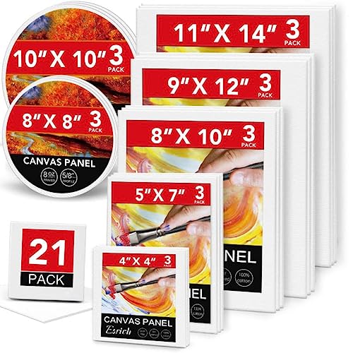 ESRICH Canvases for Painting Blank Cotton Canvas Boards 21Pack with 7 Size 4*4", 5*7", 8*10", 9*12", 11*14"，Round Canvas with 8*8", 10*10", 3 of Each, Painting Canvas for Oil & Acrylic Paint - 20 Packs Stretched Canvas - 5 Sizes(4 of Each)