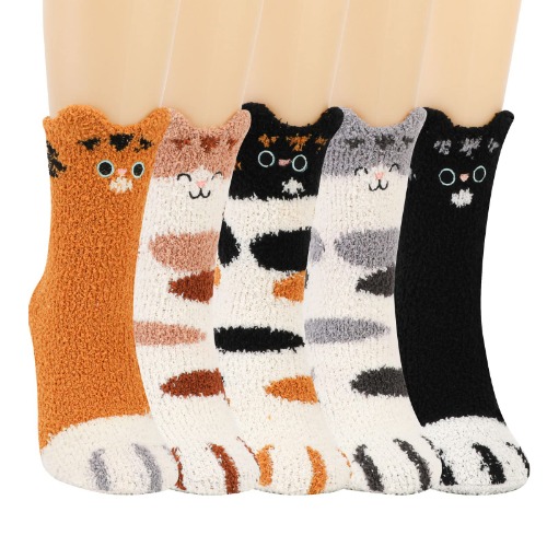 Womens Fluffy Socks Winter Thermal Cozy Bed Socks Coral Fleece Funny Cat Paw Crew Socks for Womens and Girls 4-7, 5 Pairs