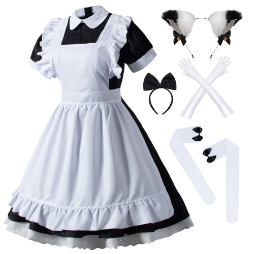 Japanese Anime 6Pcs Lolita French Maid Apron Fancy Dress Cosplay Costume Gloves Headwear Socks Set