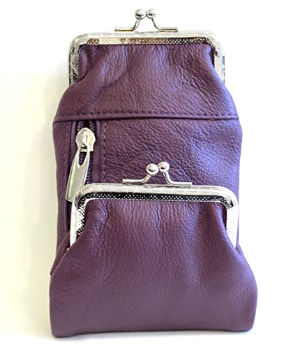 Deluxe Genuine Leather Cigarette and Lighter Case with Zipper Pocket Twist Clasp Kiss Lock Closure Fit 100's - Purple