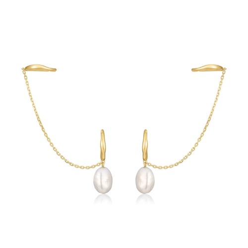 14K EARCUFF & PEARL DROP HUGGIE HOOP EARRINGS - 14K Gold Plated Sterling Silver