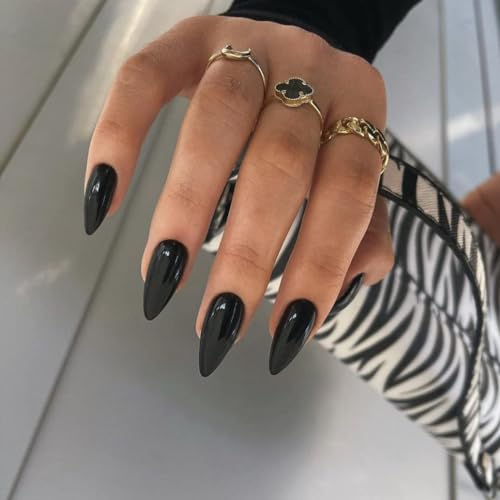 All Black Press on Nails Medium Almond Stiletto,KQueenest Pure Color Acrylic Nails Kit Reusable Fake Nails with Feature Protective UV Coating for Women Short Almond Nails Press on Manicure in 24PCS - Glossy Black