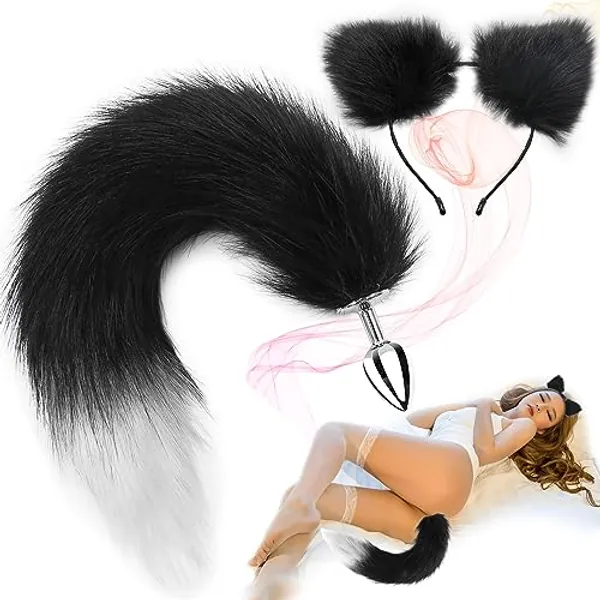 Stainless Steel Anal Butt Plug with Faux Silver Fox Tail and Ear-Anal Stopper Tail Sex Toy for SM Adult Games or Cosplay
