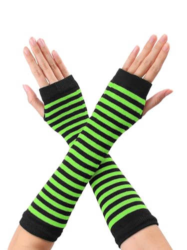 Allegra K Women's Fingerless Gloves Printed Elbow Length Knitted Arm Warmers - One Size - Bright Green Black
