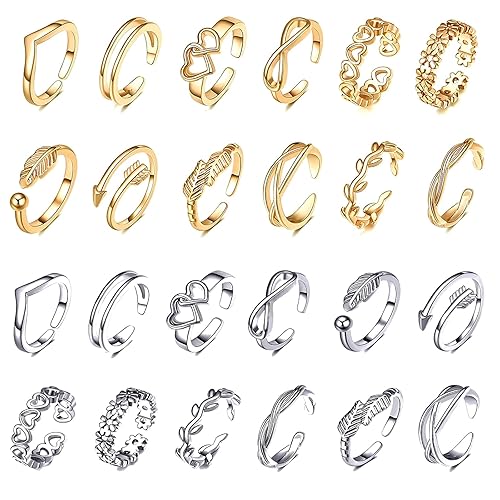 24Pcs Adjustable Toe Rings for Women Adjustable Open Toe Rings Set for Women Gold Silver Plated Toe Rings Women's Knuckle Ring Arrow Knot Star Moon Foot Ring Set Toe Rings for Beach, Various Parties
