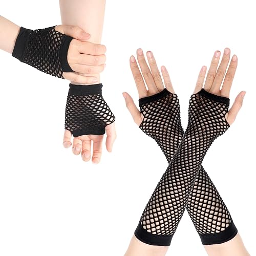Thinp 2 Pairs Fishnet Gloves Black Fishnet Gloves Fishnet Arm Sleeves Fishnet Fingerless Gloves 80s Fishnet Gloves for Women Girls Theme Party Cosplay Halloween Accessories(Long and Short Styles)