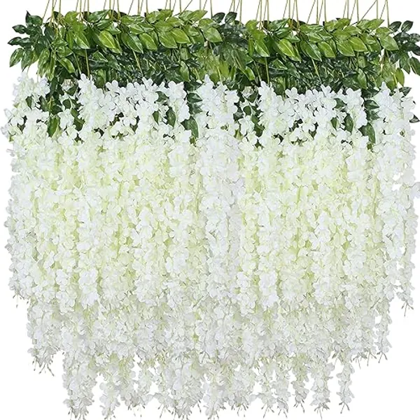 Artificial Wisteria Hanging Flowers Fake Wisteria Flower Garland Silk Vines Rattan Decor for Home Wedding Arch Wall Garden Greenery Bedroom Outdoor Office Party Decoration (12, White) - White - 12