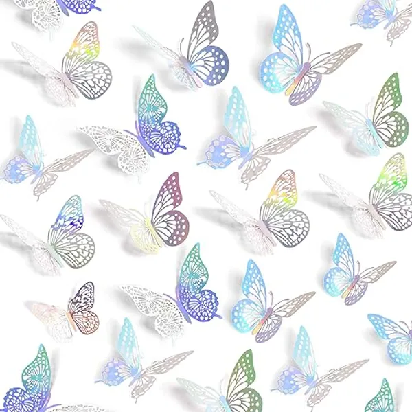 SAOROPEB 3D Butterfly Wall Decor, 72 Pcs 3 Styles 3 Sizes, Removable Metallic Wall Sticker Room Mural Decals for Kids Bedroom Nursery Classroom Party Decoration Wedding Decor DIY Gift (Laser) - 72 Pcs, Laser