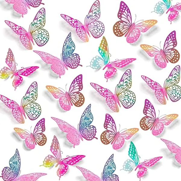 SAOROPEB 3D Butterfly Wall Decor 48 Pcs 4 Styles 3 Sizes, Purple Butterfly Decorations for Birthday Decorations Butterfly Party Decorations Cake Decorations, Removable Stickers (Laser Pinkpurple) - 48 Pcs, Laser Pinkpurple