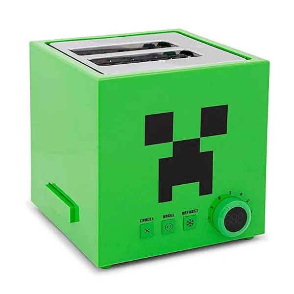 Minecraft Green Creeper 2-Slice Toaster For Bagels, Waffles, and Breads | Features 6 Settings With Defrost Option | Imprints Creeper Symbol On Bread