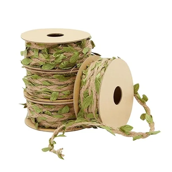 Juvale Burlap Leaf Ribbon - Jungle, Safari & Fairy Party, Enchanted Forest Decor, Vines for Crafts (4 Rolls, 65.6 Ft Total)